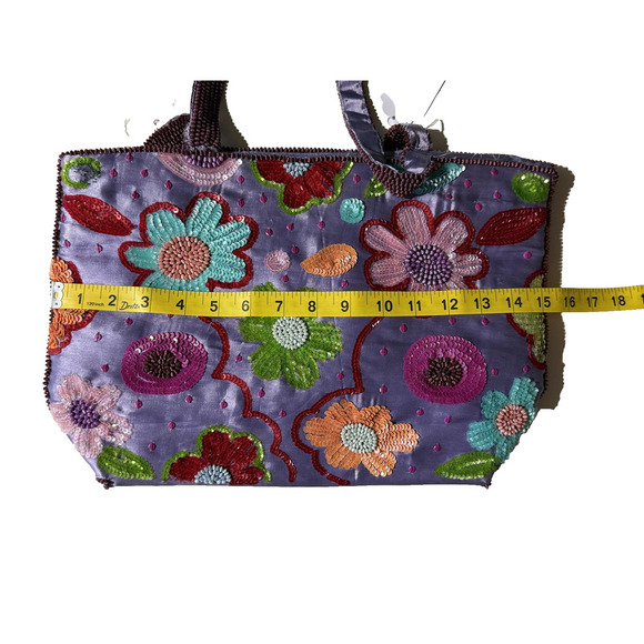 Handmade Floral Sequin Handbag Womens M Purple Satin Beaded Evening Purse Boho - Picture 9 of 10